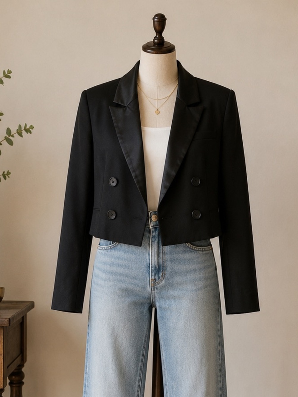 Adelyn Rae Black Cropped Double Breasted Satin Lapel Blazer Size Small
